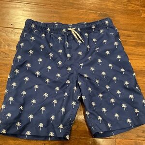 Boys Lands End swimming shorts trunks, navy with white palm trees, size M 10-12